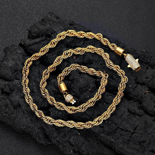 6mm Iced Out Rope Chain Stainless Steel Titanium Necklace Gold Chain Rapper Style | Caratix Jewelry - CaratixJewelry