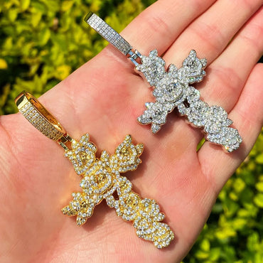 Iced Out Rose Cross Pendant | Women's Blooming Floral Necklace - CaratixJewelry