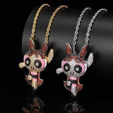 Cartoon Powerpuff Girls Pendant Necklace with Copper Frame and Zircon Stones for Men | Caratix Jewelry - CaratixJewelry