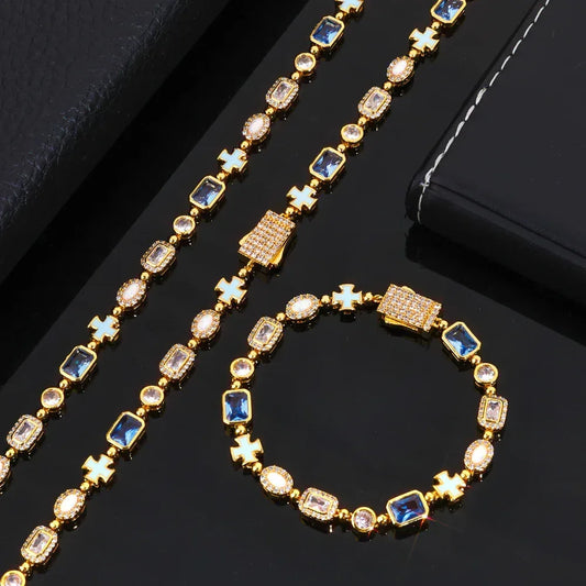 6mm Enamel Cross Necklace Blue Stone Rapper Iced Out Chain Style | Caratix Jewelry - CaratixJewelry