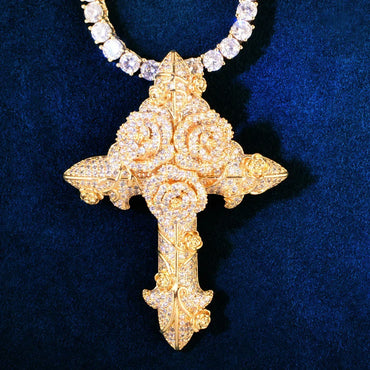 Iced Out Rose Cross Pendant Rope Chain Necklace - CaratixJewelry