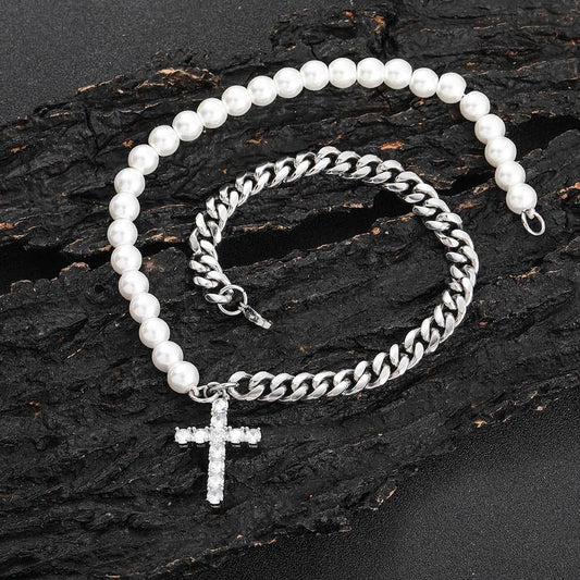 8mm Stainless Steel Cuban Chain Pearl Cross Necklace for Men | Caratix Jewelry - CaratixJewelry