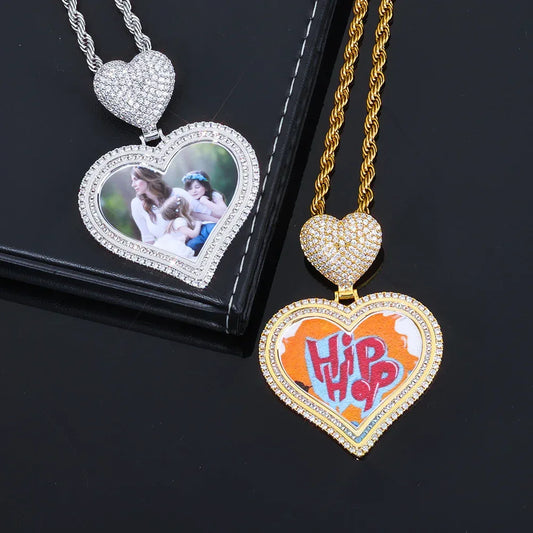 Custom Heart Photo Pendant Necklace with Zircon Stones for Men | Caratix Jewelry - CaratixJewelry