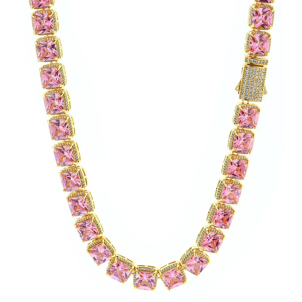 Custom 10mm Pink Baguette Sugar Link Necklace Hip Hop Bling | Caratix - CaratixJewelry