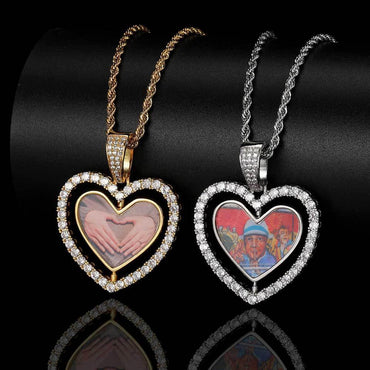 Custom Rotating Double-Sided Heart Photo Pendant Necklace with Zircon Stones | Caratix Jewelry - CaratixJewelry