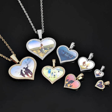 Custom Heart Photo Pendant Necklace with Zircon Stones for Men | Caratix Jewelry - CaratixJewelry