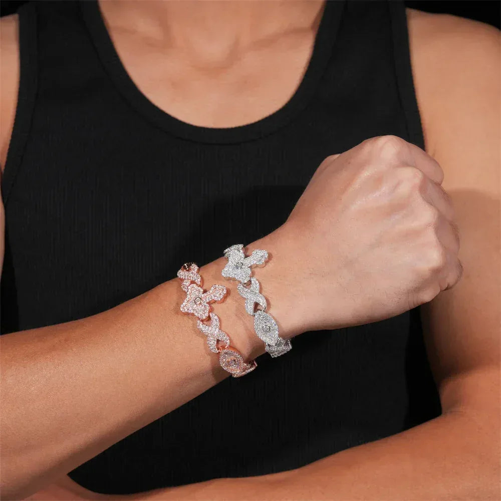 12mm Moissanite Eye & Cross Cuban Link Bracelet – S925 Sterling Silver Iced-Out Hip Hop Men’s Streetwear Jewelry - CaratixJewelry