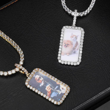 Custom Small Square Photo Pendant Necklace with Zircon Stones for Men | Caratix Jewelry - CaratixJewelry