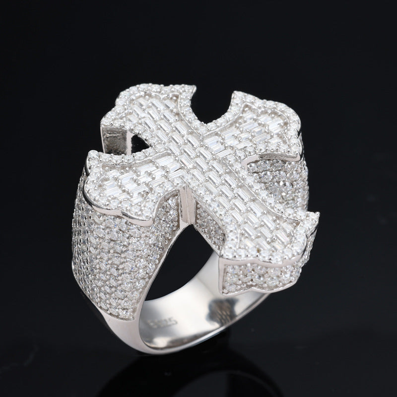 Baguette Moissanite Cross Ring S925 Hip Hop Band | Caratix