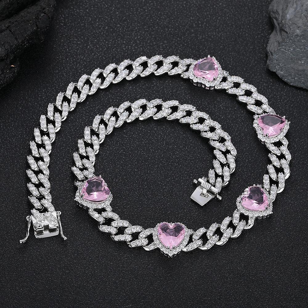 10mm Pink Zircon Heart Pendant Cuban Chain Necklace - CaratixJewelry