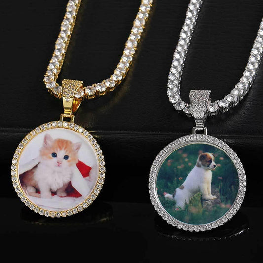 Custom Small Round Photo Pendant Necklace with Zircon Stones for Men | Caratix Jewelr - CaratixJewelry