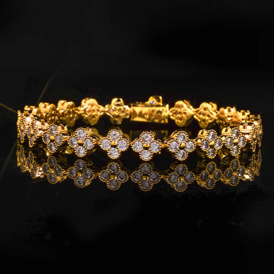 7mm Men's Full Zircon Clover & Plum Blossom Bracelet | Iced Out Floral Link Chain | Premium Iced Out Jewelry | Caratix - CaratixJewelry