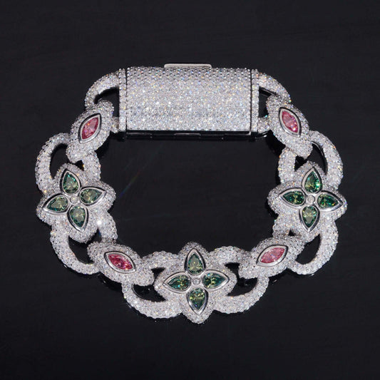 20mm Four-Leaf Clover Moissanite Cuban Link Bracelet – S925 Sterling Silver Iced-Out Hip Hop Streetwear Jewelry - CaratixJewelry