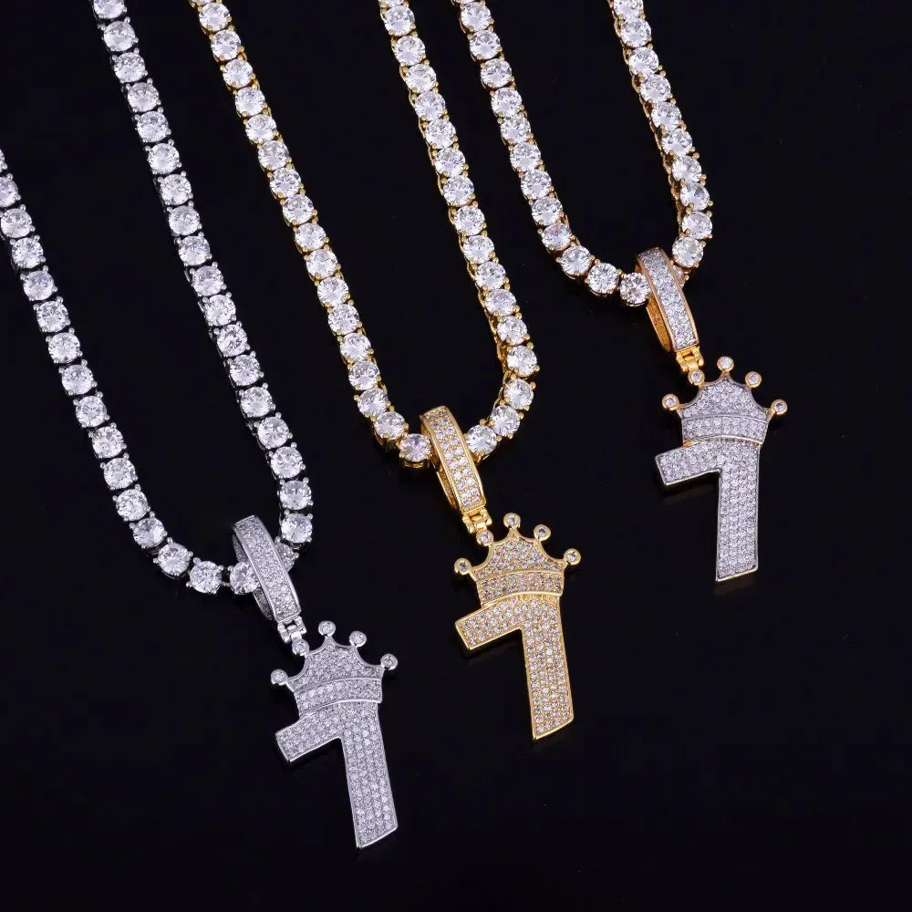 Luxury Iced Out Crown Number 7 Pendant | Lucky 7 Men's Hip Hop Necklace | Premium Copper CZ King Jewelry | CR7 Style Bling | Caratix - CaratixJewelry
