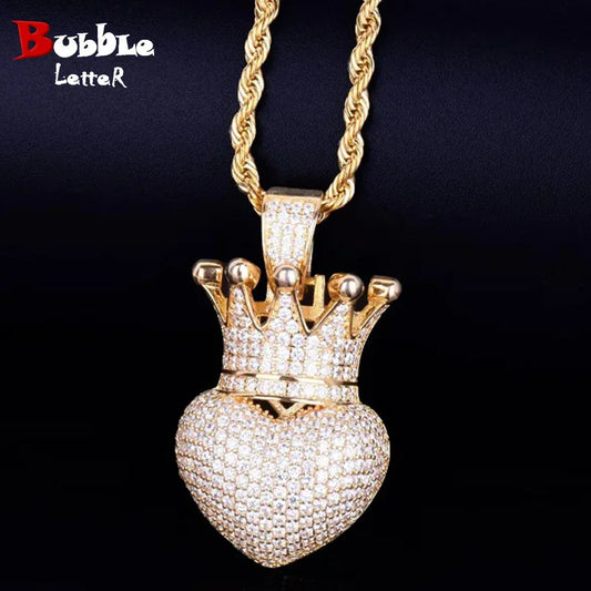 Luxury Iced Out Heart Crown Pendant for Men | Hip Hop Pave CZ Jewelry | Trendy Copper Zircon Necklace | King of Hearts Ice Pendant | Caratix - CaratixJewelry
