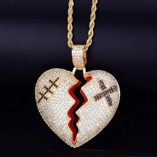 Iced Out Shattered Heart Pendant | Men's Real Copper CZ Necklace - CaratixJewelry