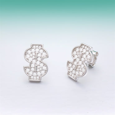 S925 Sterling Silver Money Sign Moissanite Studs | Iced Out Dollar Earring | Caratix