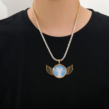 Winged Round Photo Frame Pendant Necklace with Customizable Photo for Men | DIY Stainless Steel Necklace | Caratix Jewelry - CaratixJewelry