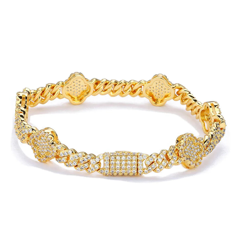 6mm S925 Sterling Silver Moissanite Clover Cuban Bracelet | VVS Moissanite Handpiece | Elite Rapper Chain Style | Caratix - CaratixJewelry