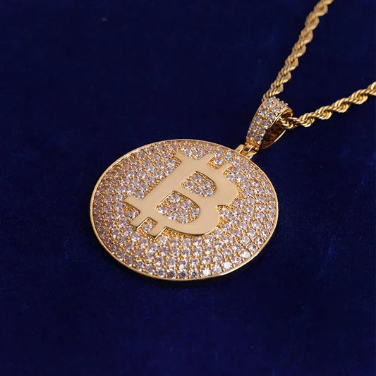 Iced Out Bitcoin Medallion Pendant | Men's Crypto BTC Coin Necklace Caratix - CaratixJewelry
