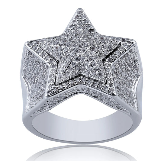 Men's Iced Out 3D Star Ring | Hip Hop Pentagram Signet Band | Caratix