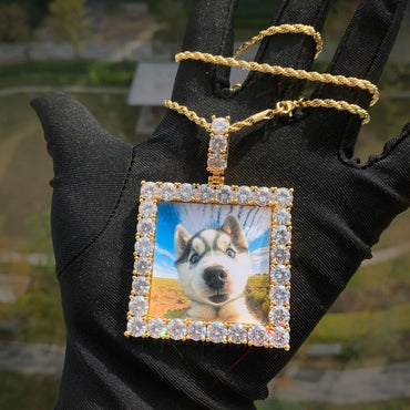 Dog Tag Photo Pendant with Heart Clasp | CZ Iced Out Custom Picture Hip Hop Necklace - CaratixJewelry