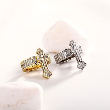 Unisex Iced Out Cross Ring | Micro-Pave Zirconia Couple's Band | Caratix