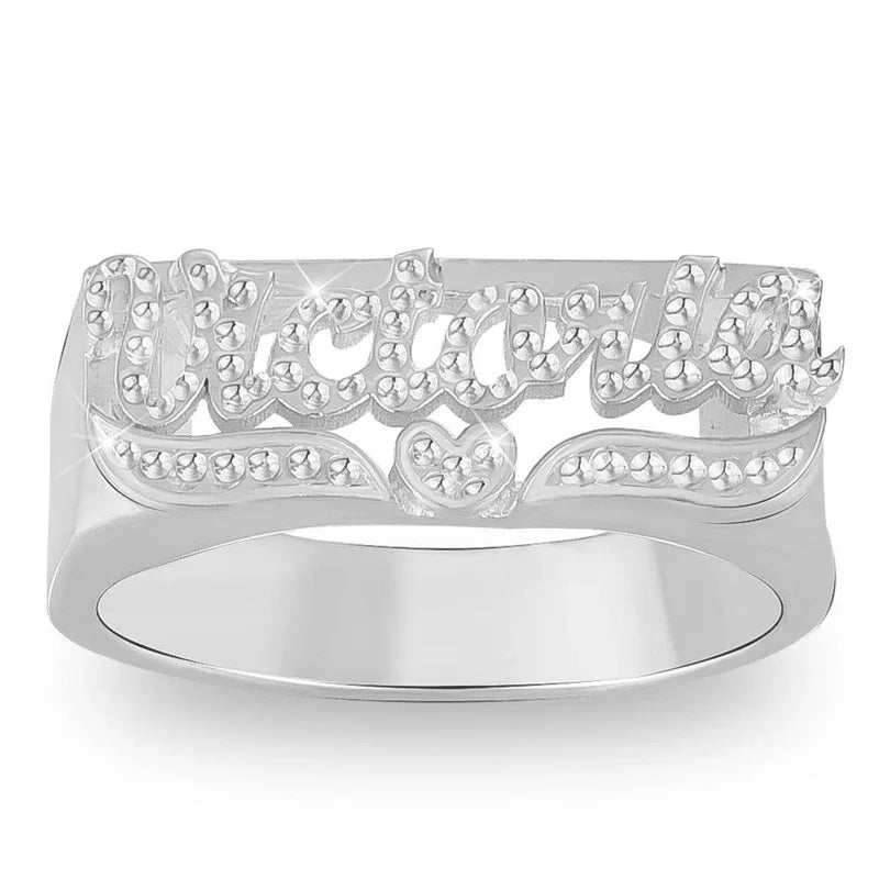 Custom Women's Name Ring | Diamond-Cut Heart Motif Statement Band | Caratix