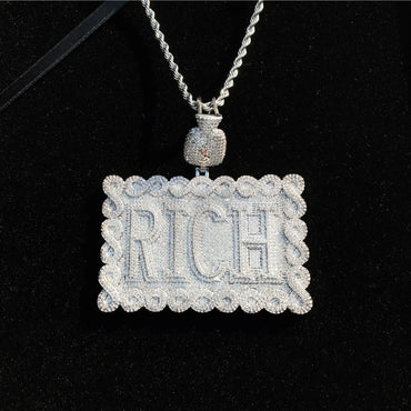 Iced Out "RICH" Dollar Sign Pendant | Men's Real Copper Square Medallion Necklace - CaratixJewelry