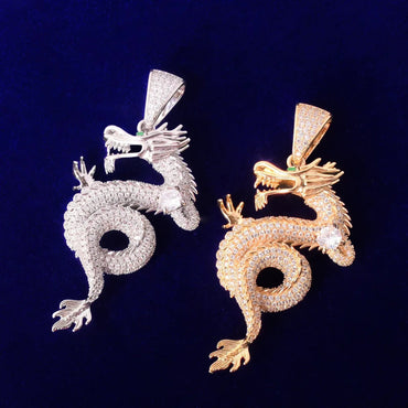 Iced Out Chinese Dragon Zodiac Pendant | Year of the Dragon Vintage Gold Necklace - CaratixJewelry