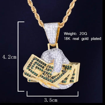 Iced Out Hand Holding Cash Pendant | "Secure The Bag" Men's Hip Hop Necklace | Premium Copper CZ Dollar Bill Jewelry | Wealth Hustle Bling | Caratix - CaratixJewelry