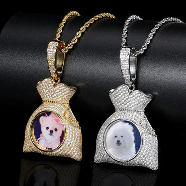 Custom Photo Pendant Hip Hop Necklace with Micro-Pave Zircon and DIY Money Bag Frame | Caratix Jewelry - CaratixJewelry