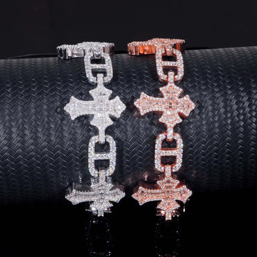 Moissanite Cross Cuban Link Bracelet with Box Clasp – S925 Sterling Silver Iced-Out Hip Hop Streetwear Jewelry - CaratixJewelry