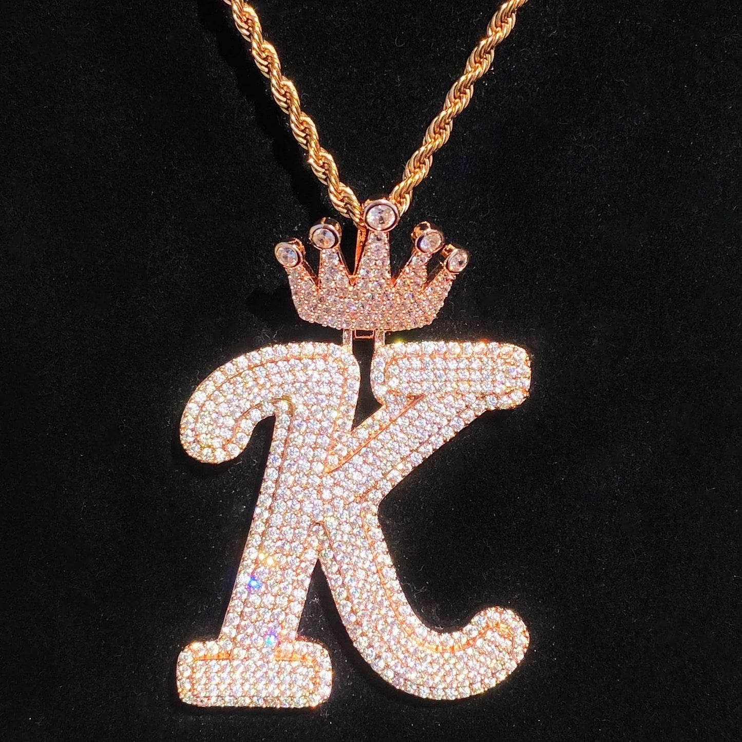 Iced Out Crown Letter K Pendant | Real Copper CZ Initial Necklace - CaratixJewelry