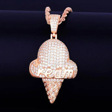 Iced Out Ice Cream Cone Pendant | Men's Real Copper CZ Necklace - CaratixJewelry