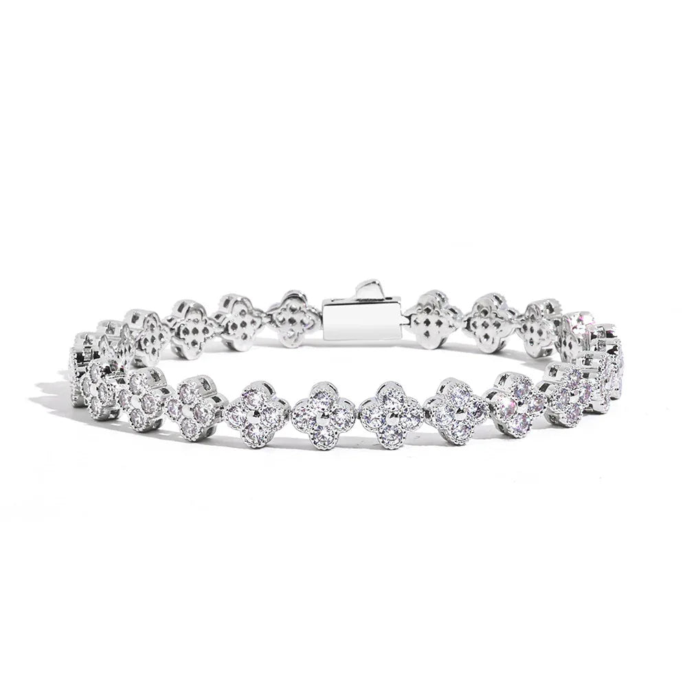 7mm Men's Full Zircon Clover & Plum Blossom Bracelet | Iced Out Floral Link Chain | Premium Iced Out Jewelry | Caratix - CaratixJewelry