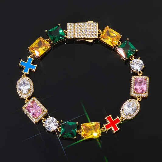 Custom 10mm Cross Charm Color Gemstone Bracelet | Premium Iced Out Jewelry for Men | Caratix - CaratixJewelry