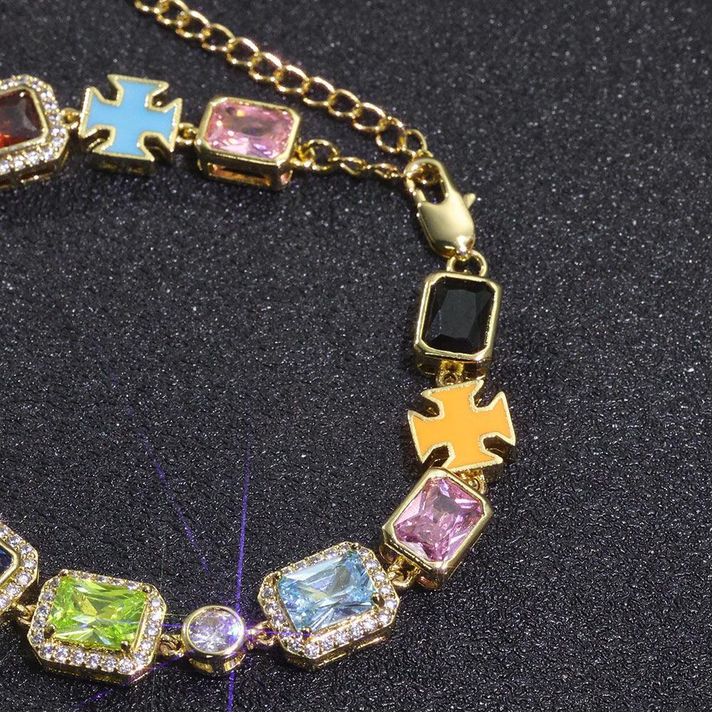 Drip Cross Pendant Colorful Gemstone Hip Hop Bracelet Gold Chain Rapper Style for Men | Caratix Jewelry - CaratixJewelry