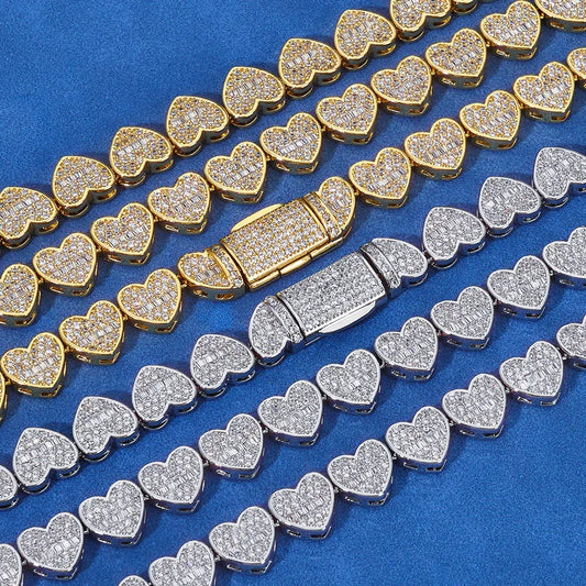 Custom 8mm Heart-Link Baguette Mixed Chain | Secure Fold-over Hip Hop Jewelry | Caratix - CaratixJewelry