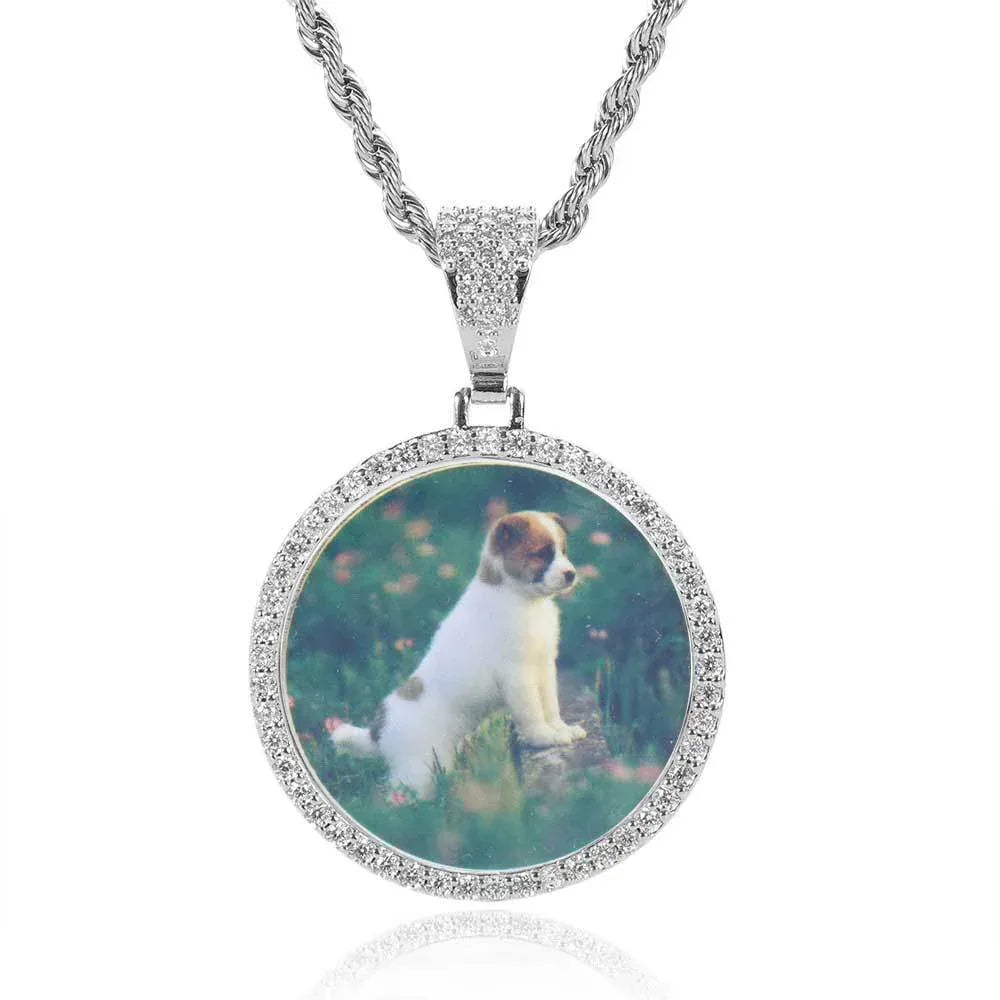 Custom Small Round Photo Pendant Necklace with Zircon Stones for Men | Caratix Jewelr - CaratixJewelry