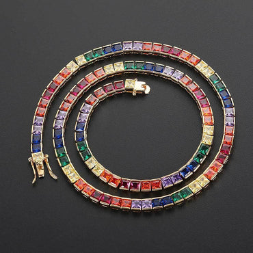 4mm Colorful Zircon Tennis Chain Necklace One Row Gold Plated for Men | Caratix Jewelry - CaratixJewelry