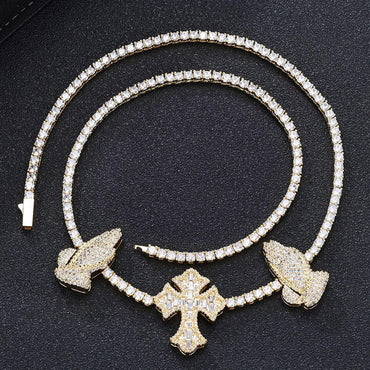 3.5mm Iced Out Tennis Necklace Cross Praying Hands Zircon Hip Hop Jewelry | Caratix Jewelry - CaratixJewelry