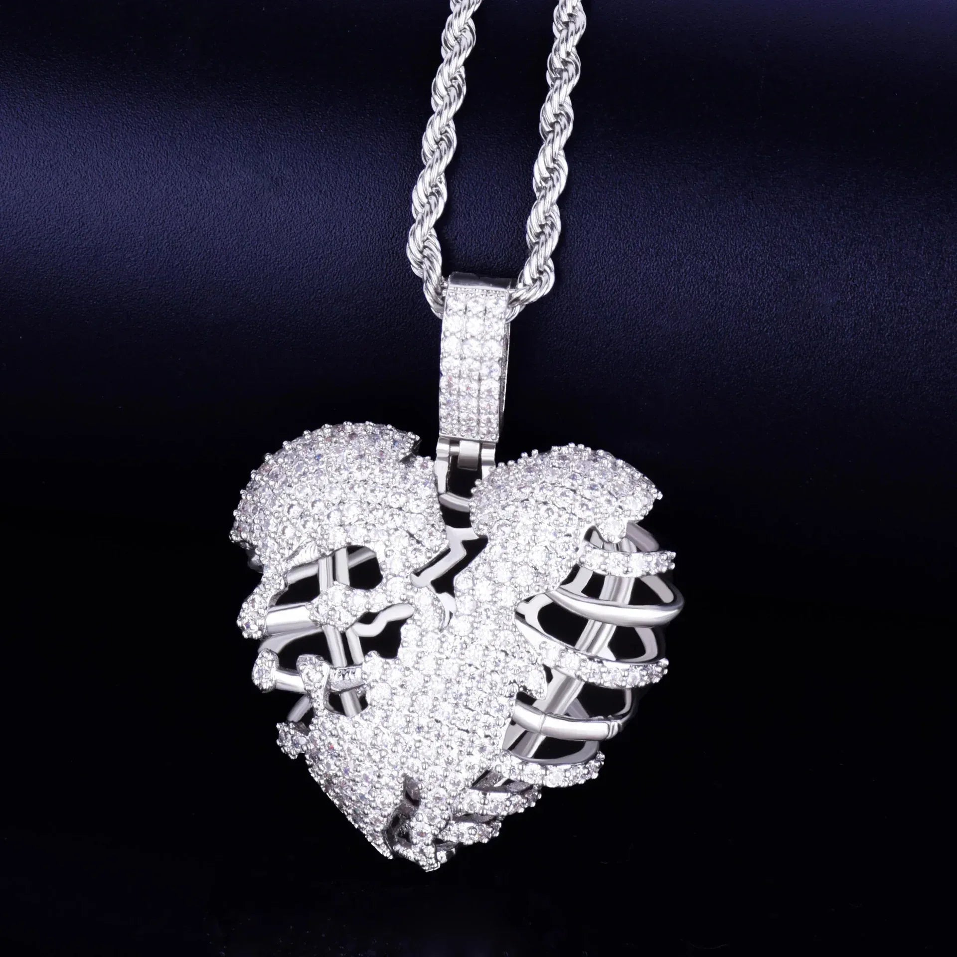 Iced Out Broken Skeleton Heart Pendant | Unisex Real Copper CZ Necklace - CaratixJewelry