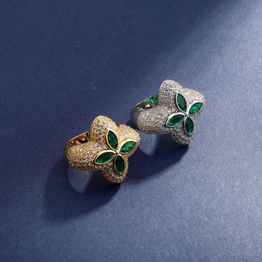 Men's Iced Out Flower Ring | 3D Lucky Clover Hip Hop Band | Caratix