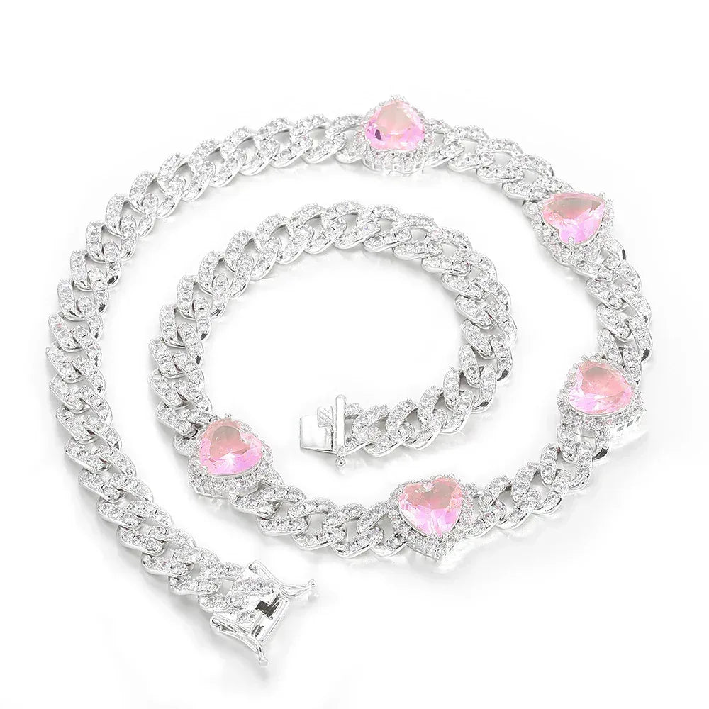 10mm Pink Zircon Heart Pendant Cuban Chain Necklace - CaratixJewelry