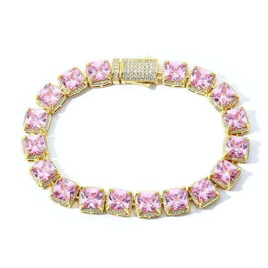 Custom 10mm Pink Baguette Sugar Link Bracelet Gold Chain Style for Rapper | Caratix - CaratixJewelry