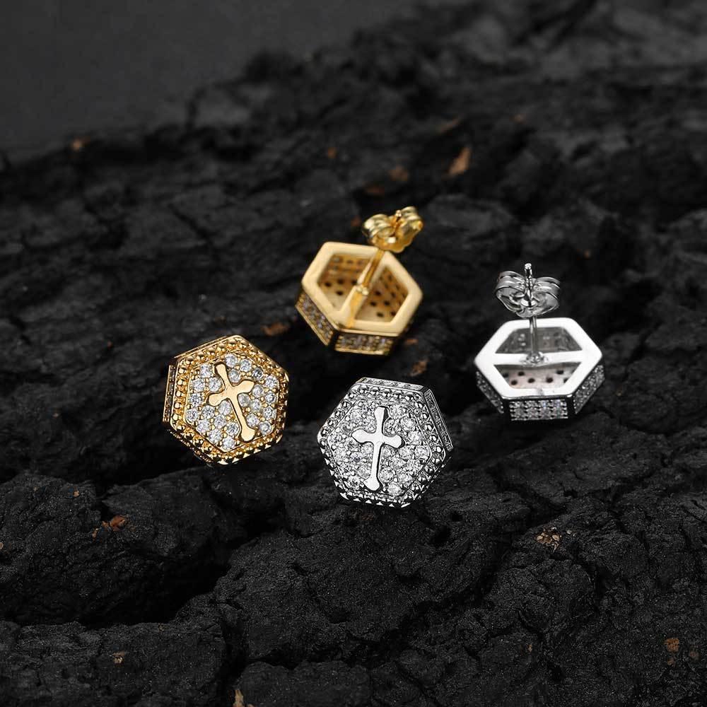 Hexagonal Cross Zircon Stud Earrings for Men and Women | Iced Out Hip Hop Jewelry | Caratix Jewelry - CaratixJewelry