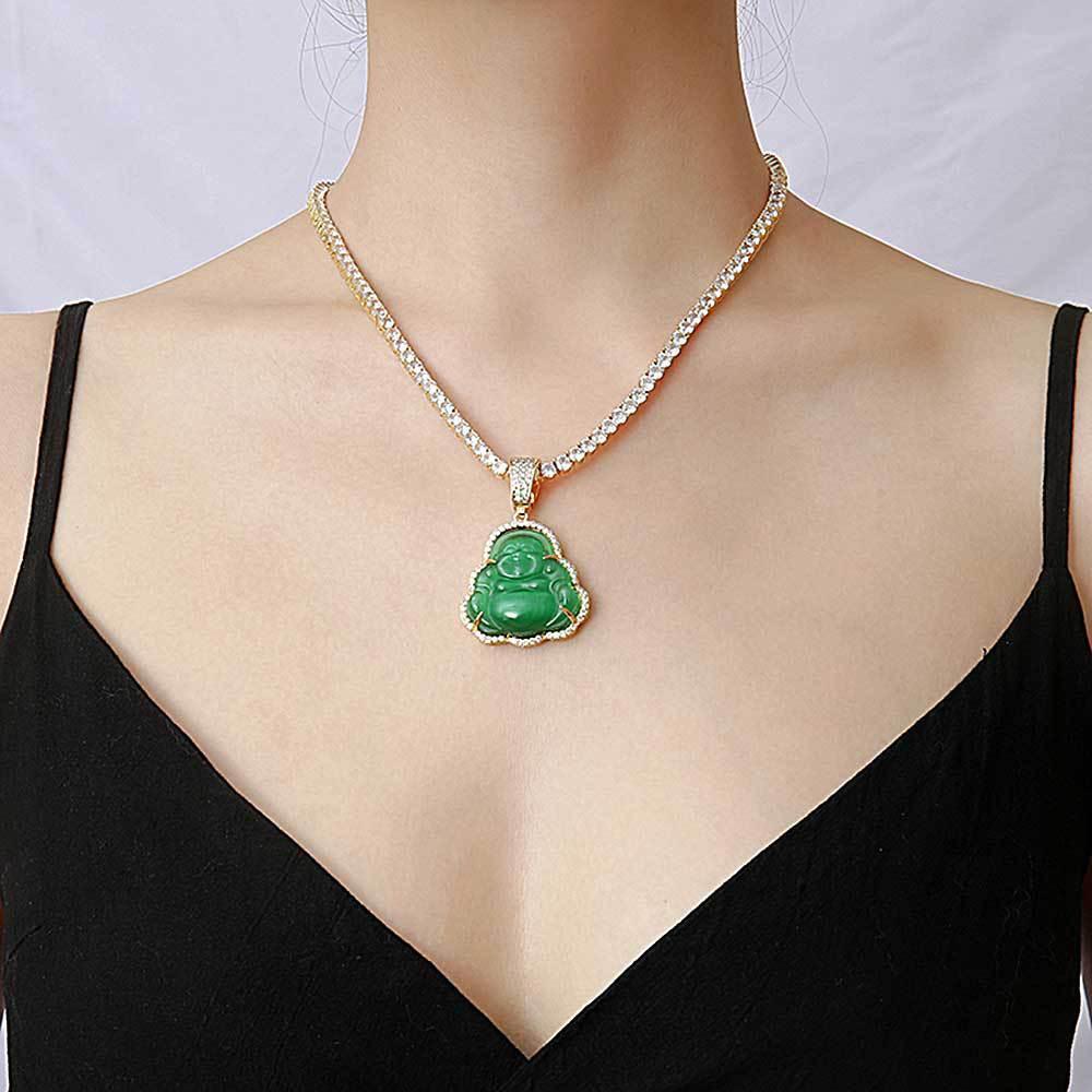 Custom Cat's Eye Stone Maitreya Buddha Pendant Necklace with Zircon Stones for Men and Women | Caratix Jewelry - CaratixJewelry