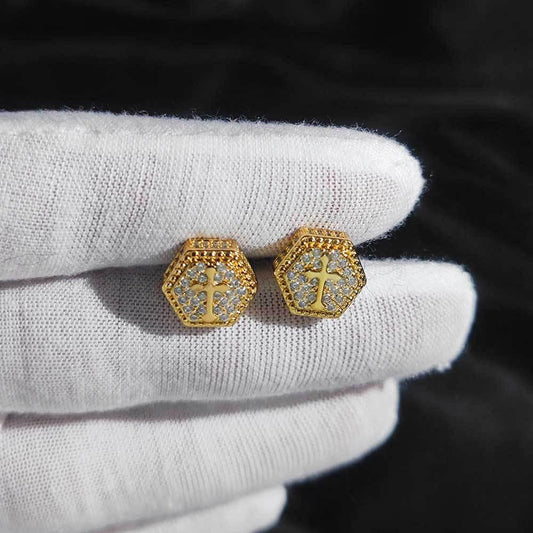 Hexagonal Cross Zircon Stud Earrings for Men and Women | Iced Out Hip Hop Jewelry | Caratix Jewelry - CaratixJewelry