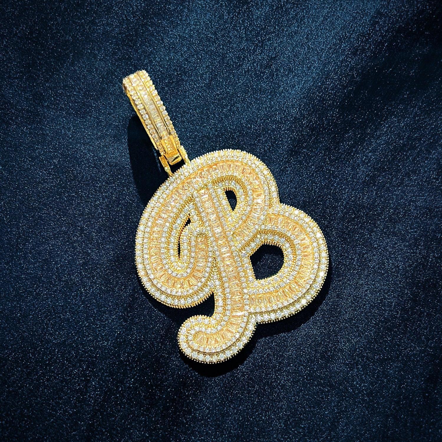 Baguette Script Letter Pendant | CZ Iced Out Hip Hop Unisex Streetwear Necklace - CaratixJewelry
